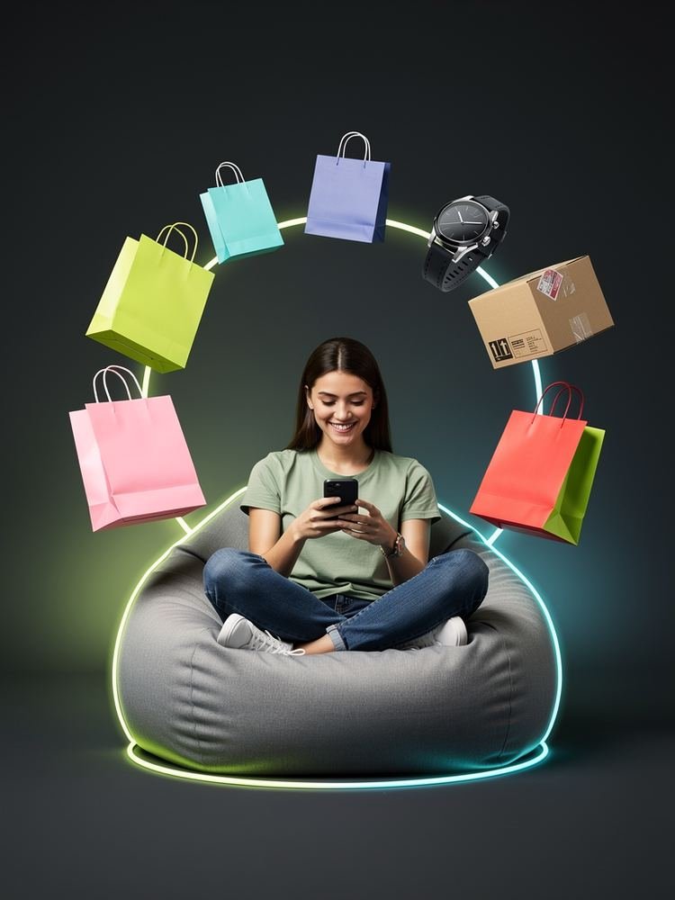 Persona feliz con bolsas de compra de colores, un reloj y una caja de envío flotando a su alrededor