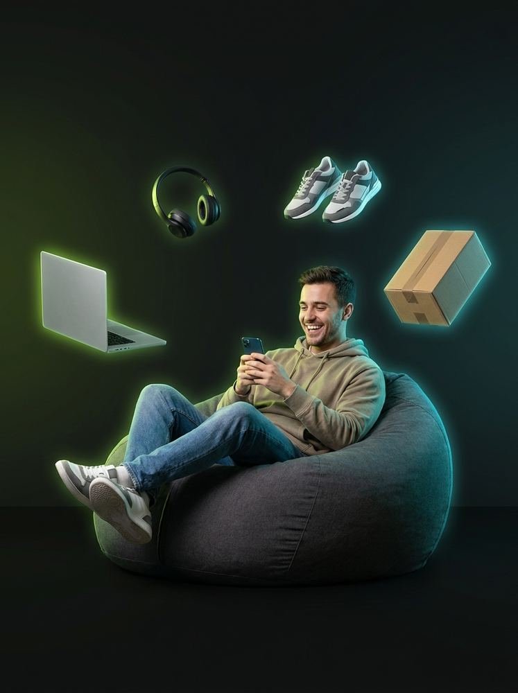 Persona feliz con una laptop, audífonos, tenis y una caja de envío flotando a su alrededor