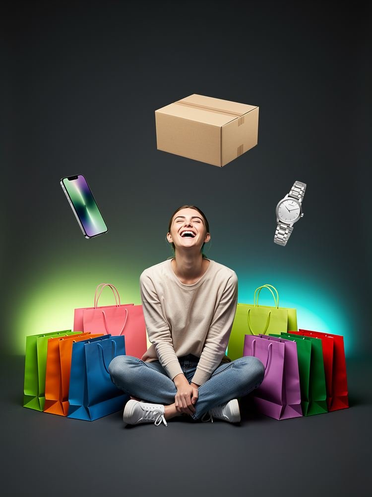 Persona feliz rodeada de bolsas de compra de colores, con celular, reloj y caja de envío flotando
