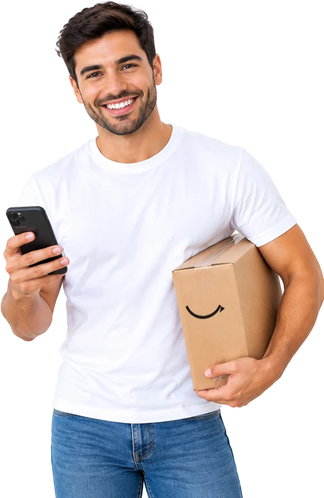 Hombre sonriente con su celular y una caja de Amazon bajo el brazo