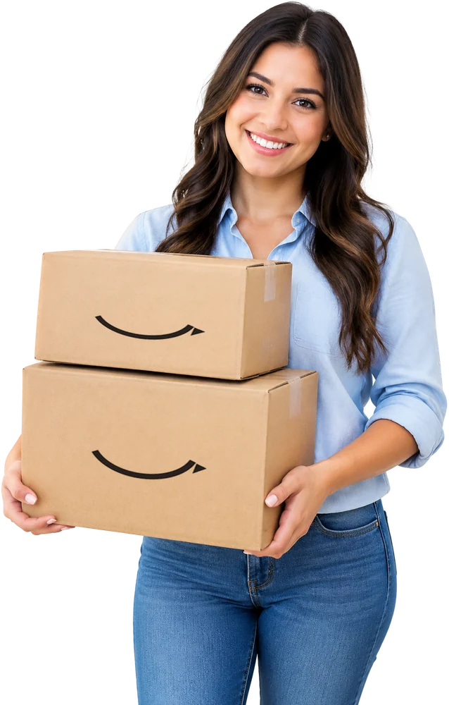 Mujer sonriente cargando dos cajas de Amazon