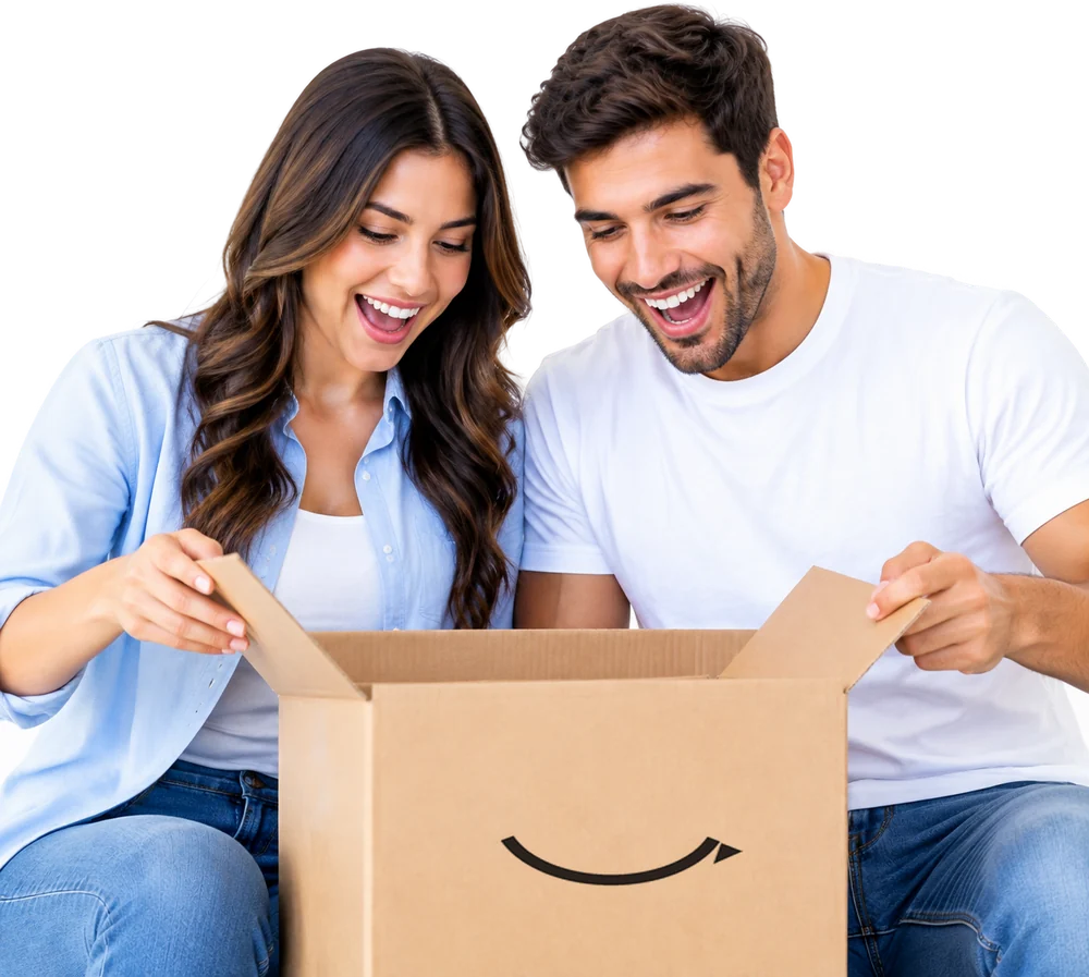 Pareja emocionada abriendo una caja de Amazon