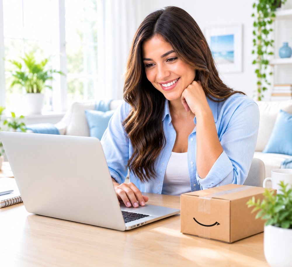 Mujer comprando en línea desde su laptop, con una caja de Amazon sobre la mesa