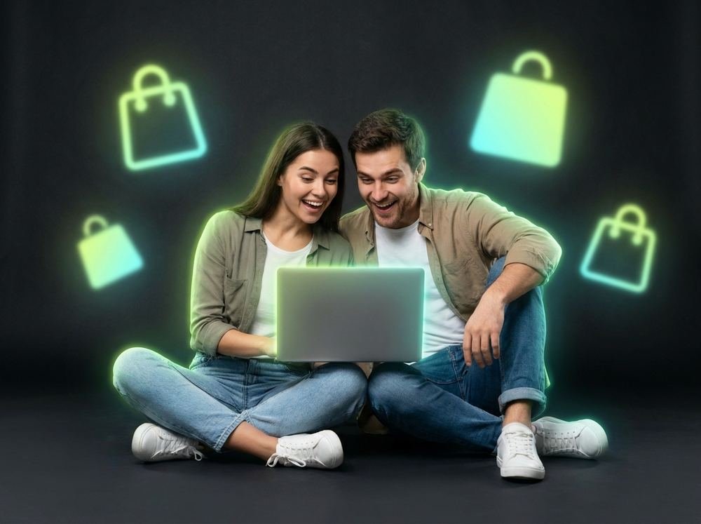 Pareja feliz revisando su compra en la laptop, rodeada de íconos de bolsas de compra