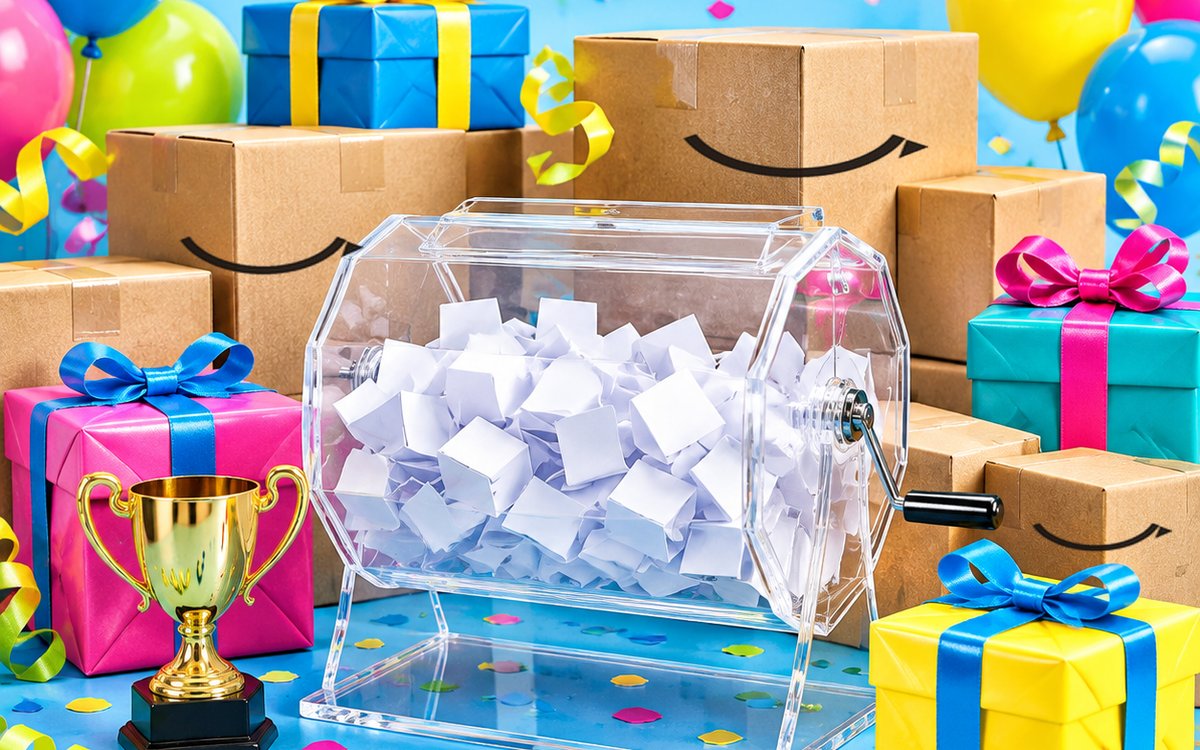 Bombo de la tómbola con boletos, trofeo, regalos y cajas de Amazon